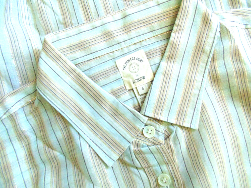 New Y2K J Crew Womens 6 Perfect Shirt Blue Tan Pin Stripe Shimmer Long Sleeve